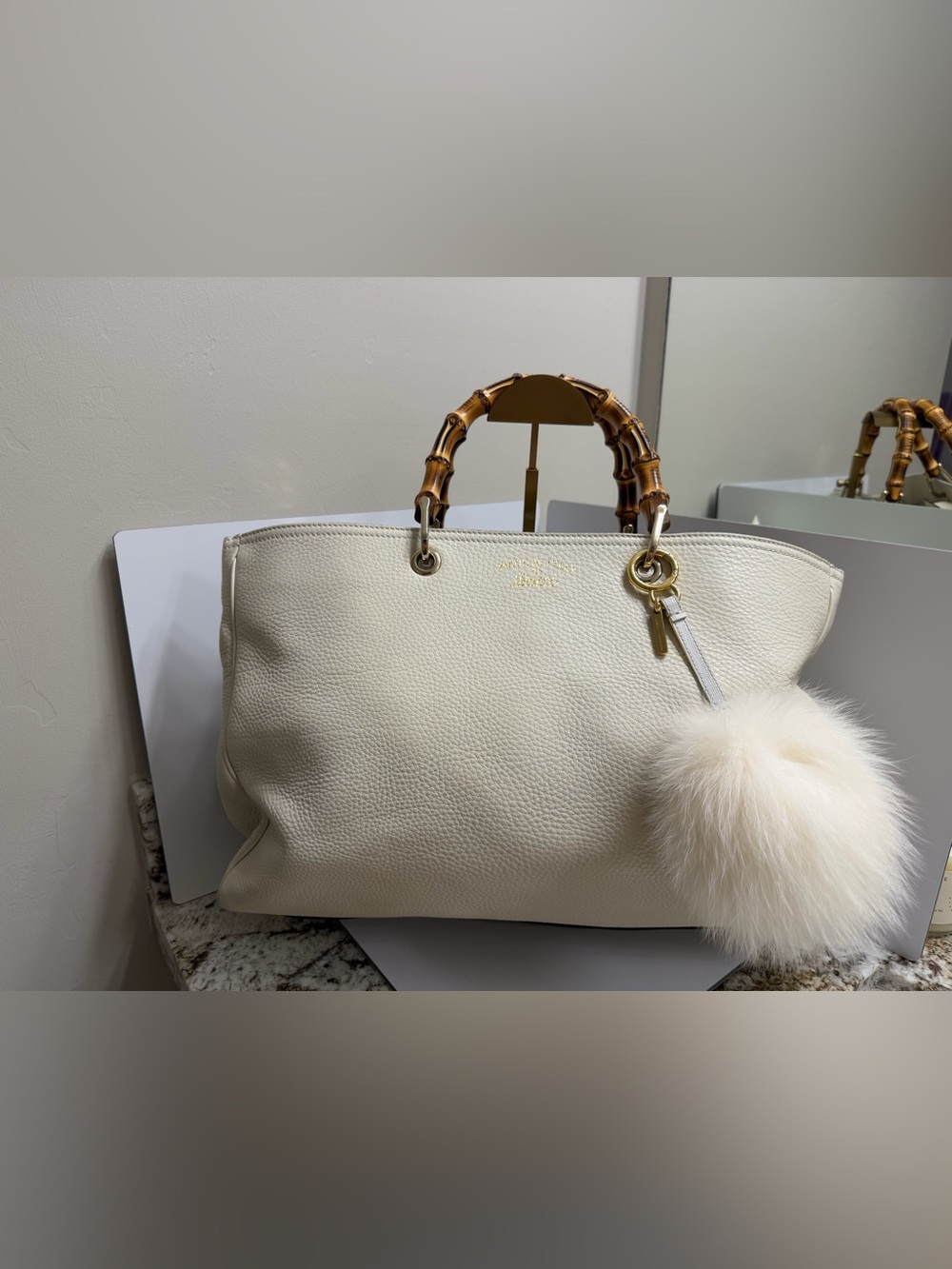 Gucci Large bamboo handle Shopper Tote with Fox Fur Bag Charm And Bag Strap